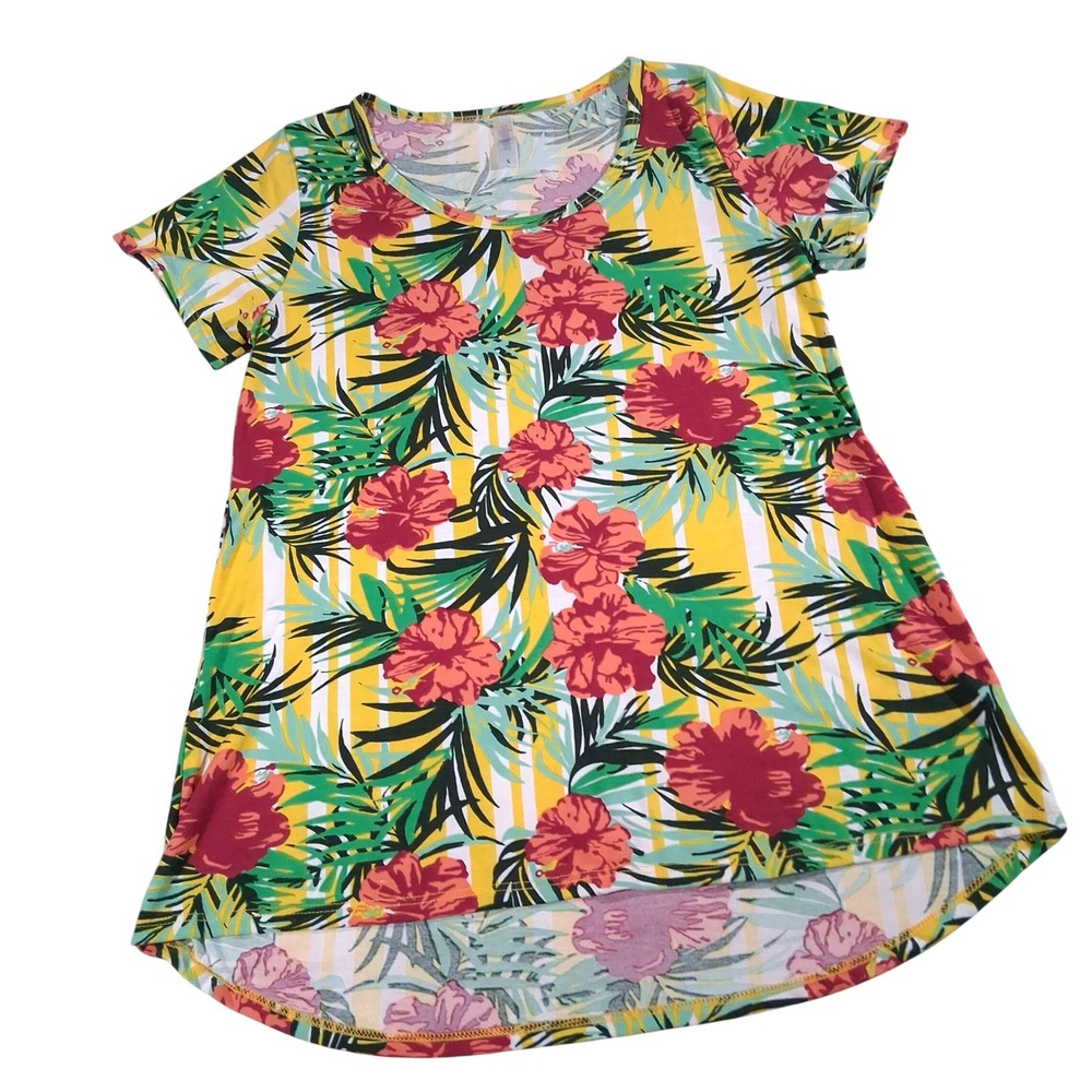 LuLaRoe Womens Small Tropical Hibiscus Floral Striped High Low Tunic Top Yellow